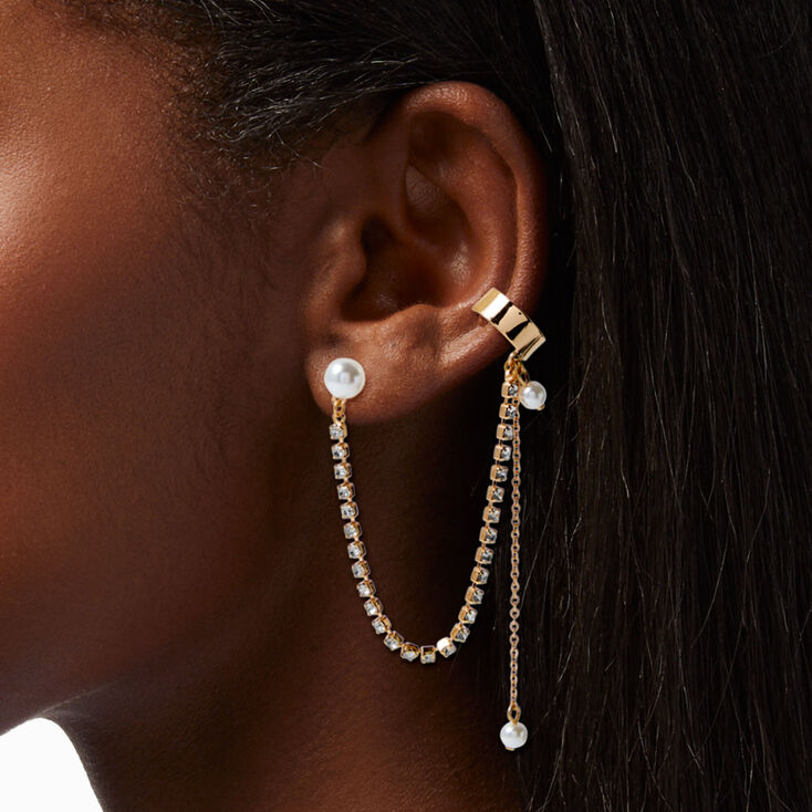 Gold-tone Pearl Hoop Connector Cuff Earring Stackables - 5 Pack,
