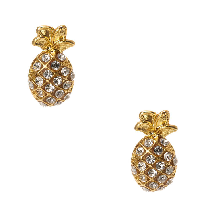 Gold Rhinestone Studded Pineapple Stud Earrings,