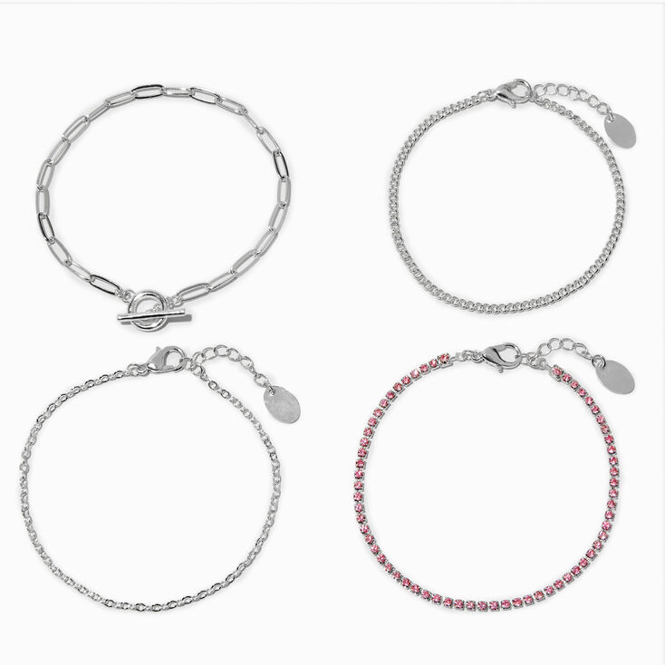 Silver-tone Pink Cup Chain Bracelet Set - 4 Pack,