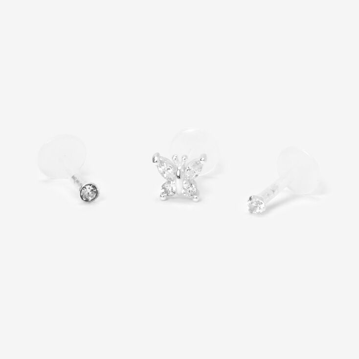 Sterling Silver Bio Flex Crystal Butterfly Cartilage Studs &#40;3 Pack&#41;,