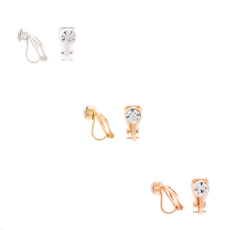 Mixed Metal Crystal Clip On Stud Earrings - 3 Pack,