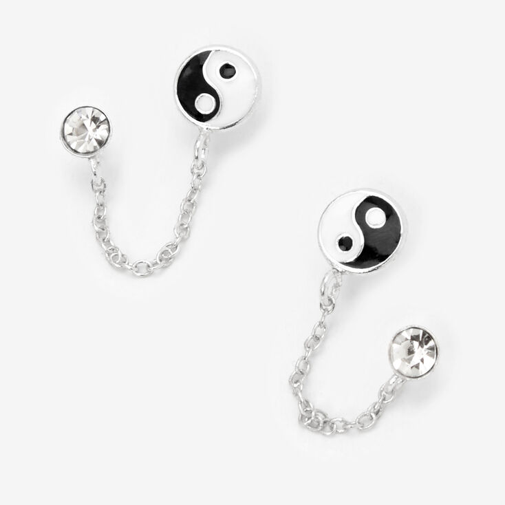 Sterling Silver Yin Yang Connector Chain Stud Earrings,