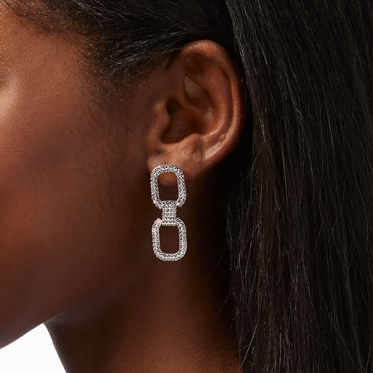 Silver 2&quot; Pave Rhinestone Chainlink Drop Earrings,