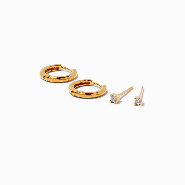 Icing Select 18k Yellow Gold Plated Cubic Zirconia 2MM Stud &amp; 8MM Hoop Earrings - 2 Pack,