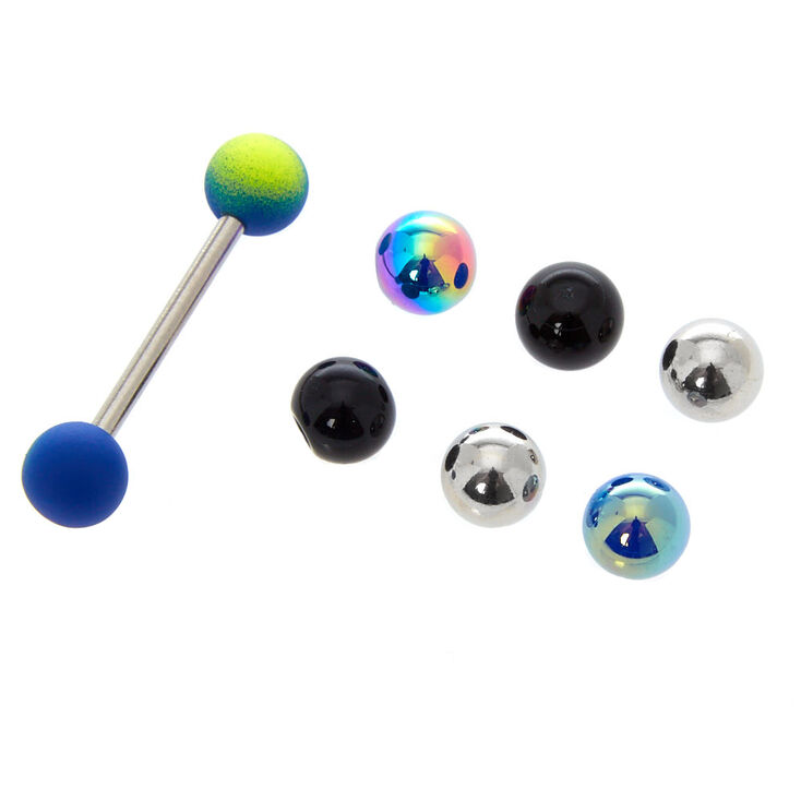 Silver 14G Neon Tongue Ring with Replacement Balls,