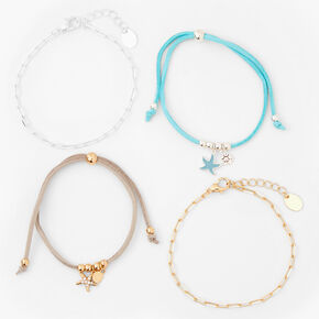 Mixed Metal Starfish Chain &amp; Cord Bracelets - 4 Pack,