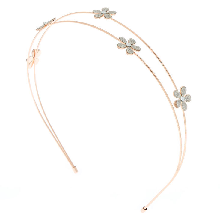 Rose Gold Glitter Flower Two Row Headband,