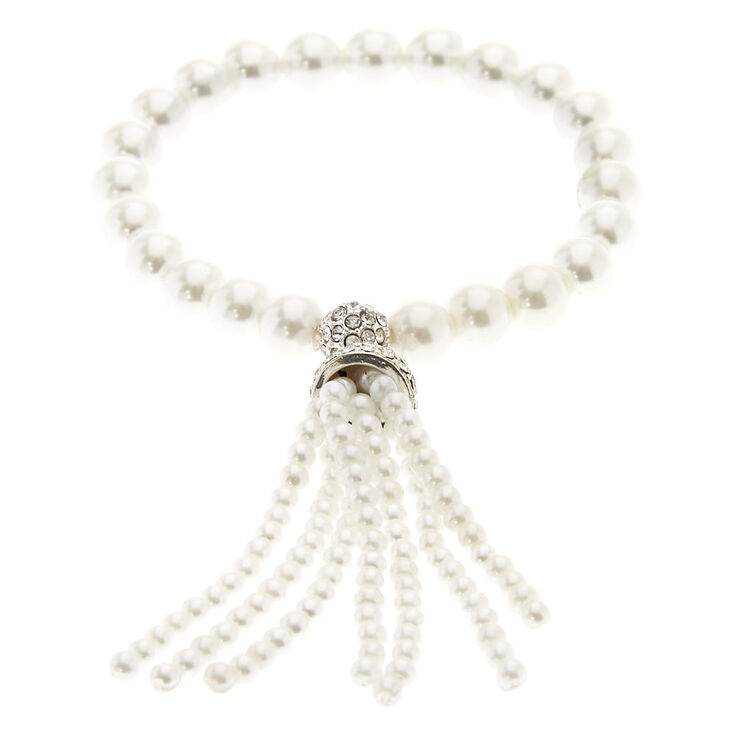 White Faux Pearl Fringe Charm Stretch Bracelet,