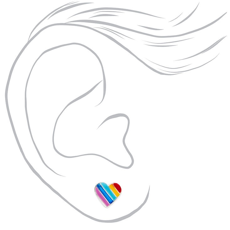 Sterling Silver Rainbow Striped Heart Stud Earrings,