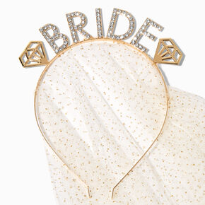 Gold Crystal Bride Headband with Dot Veil,