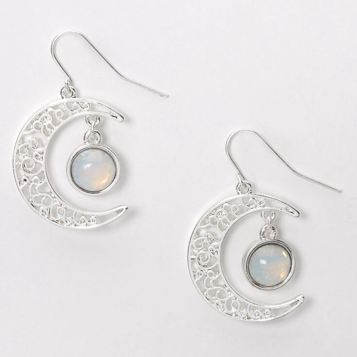 Silver 1&quot; Opal Stone Crescent Moon Drop Earrings,