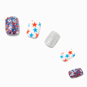 Stars &amp; Stripes Glittery Square Press On Faux Nail Set - 24 Pack,