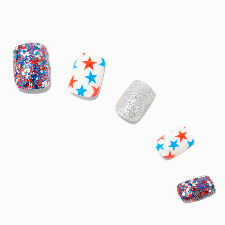 Stars &amp; Stripes Glittery Square Press On Faux Nail Set - 24 Pack,