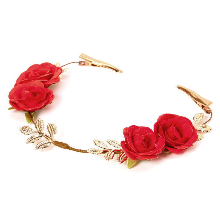 Gold Rose & Leaf Hair Swag - Red,