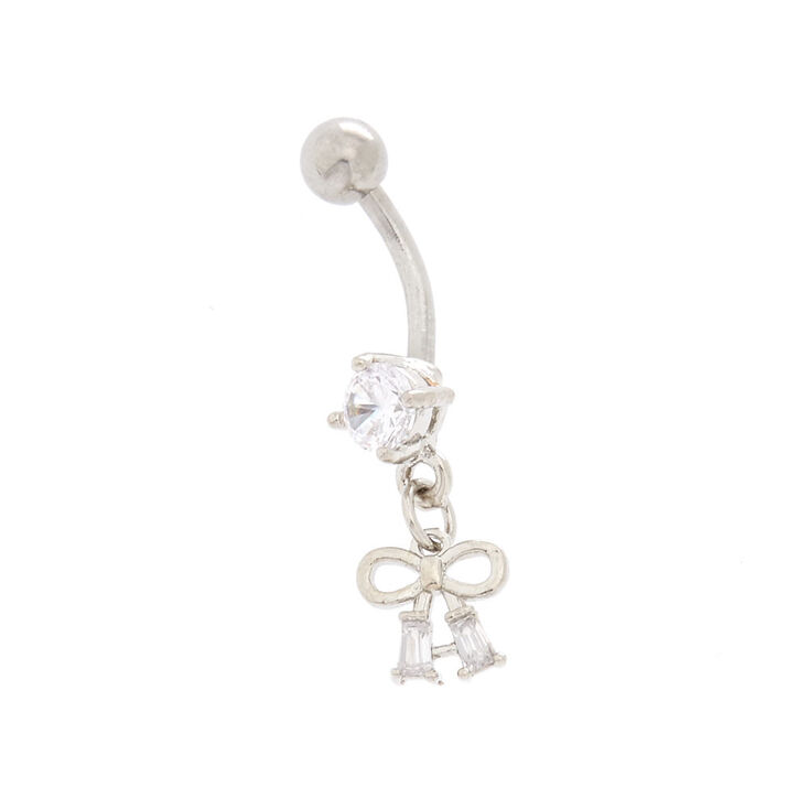 Cubic Zirconia 14G Mini Silver Bow Belly Ring,