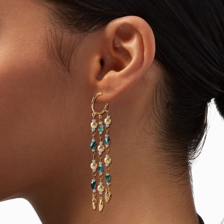 Gold-tone Beach Beaded Fringe Hoop 3&quot; Drop Earrings ,