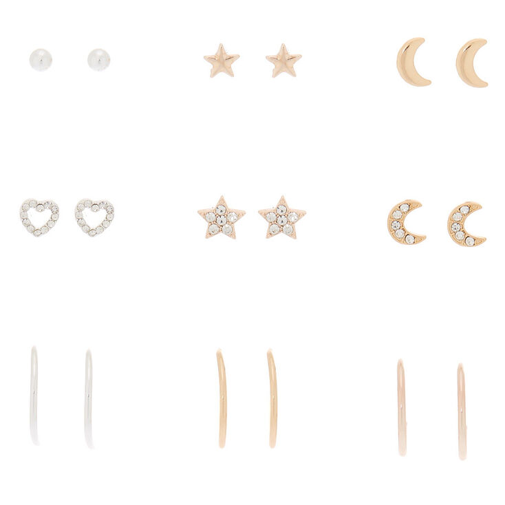 Mixed Metal Celestial Earrings - 9 Pack,