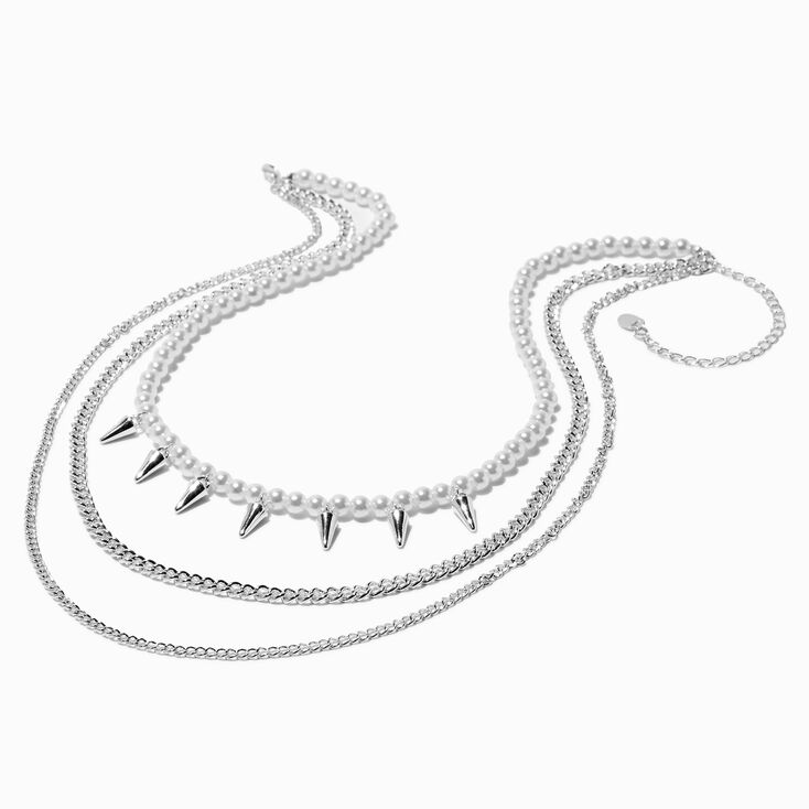 Silver-tone Pearl Spike Chain Multi-Strand Necklace,