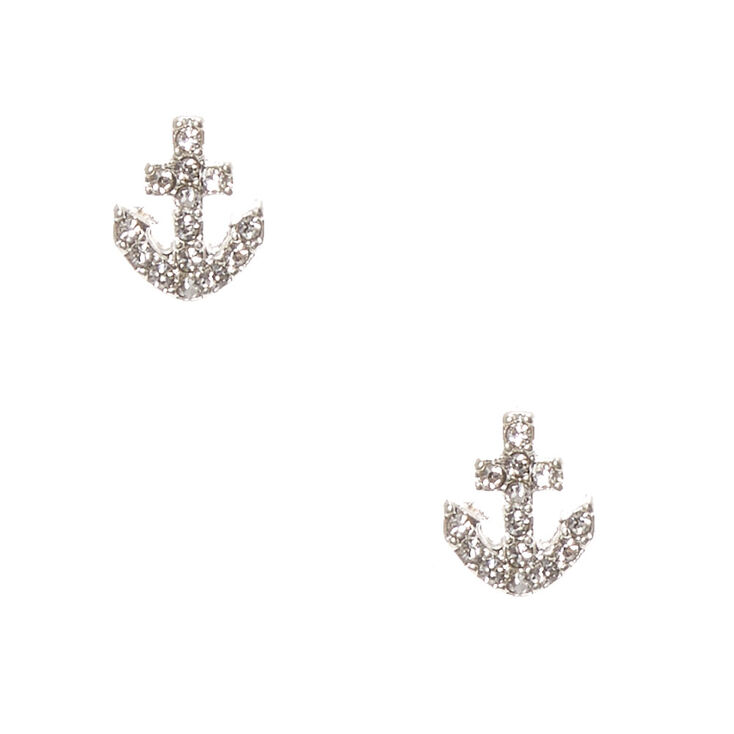 Silver-Tone Faux Rhinestone Anchor Stud Earrings,