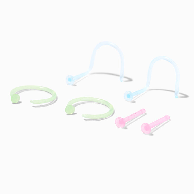 Glow in the Dark Pastel BioFlex&reg; Stud &amp; Hoop 20G Nose Rings - 6 Pack,