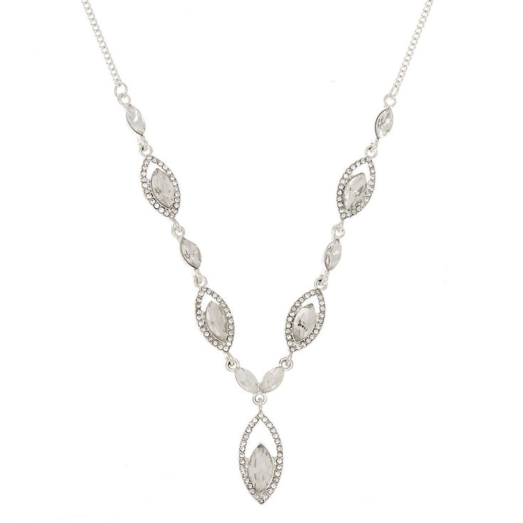 Silver Glass Rhinestone Teardrop Statement Necklace,