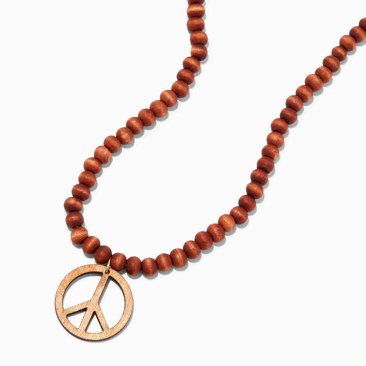 Wood Beaded Peace Sign Pendant Necklace,