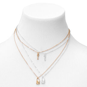Mixed Metal Lock Key Pendant Necklaces - 2 Pack,