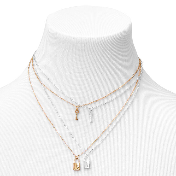 Mixed Metal Lock Key Pendant Necklaces - 2 Pack,