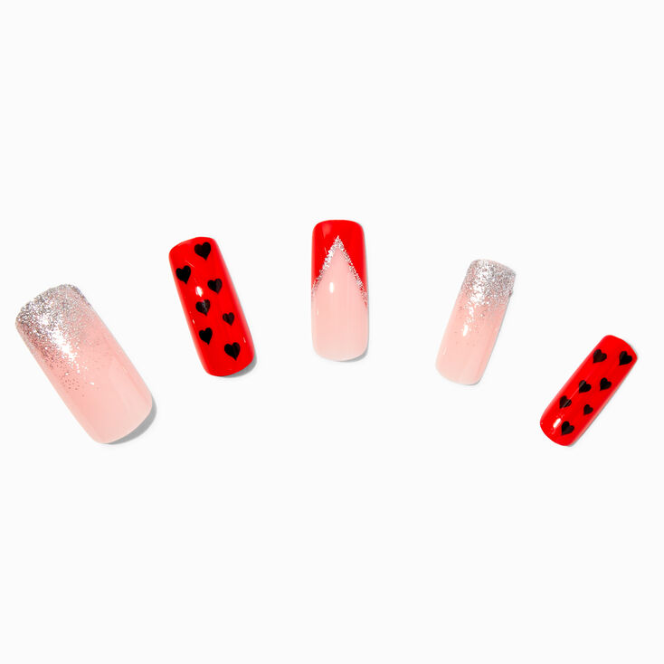 Red Hearts Glitter Tip Long Square Vegan Faux Nail Set - 24 Pack,