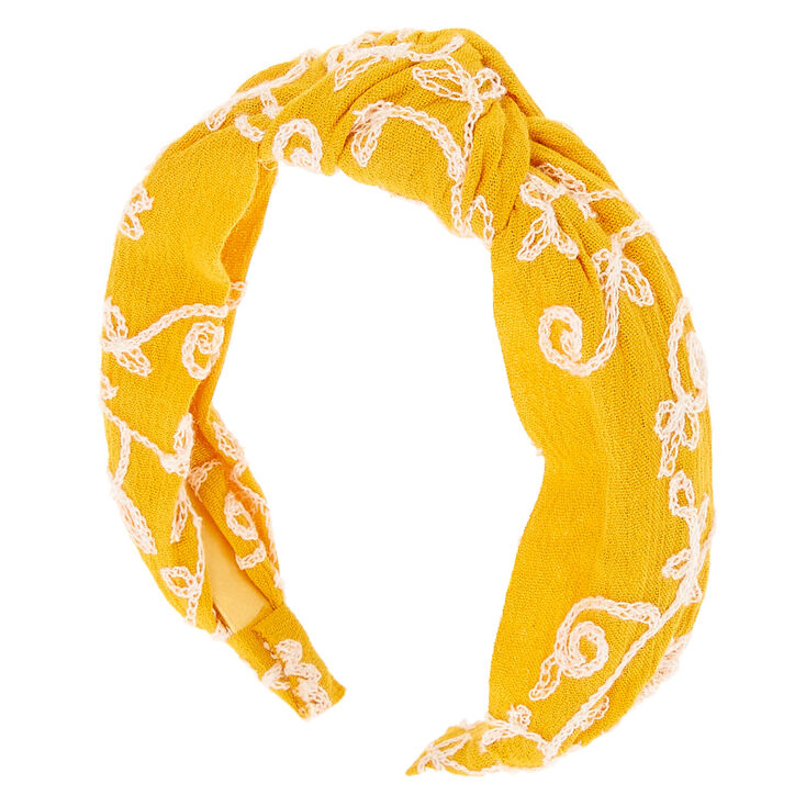 Embroidered Floral Knotted Headband - Mustard,