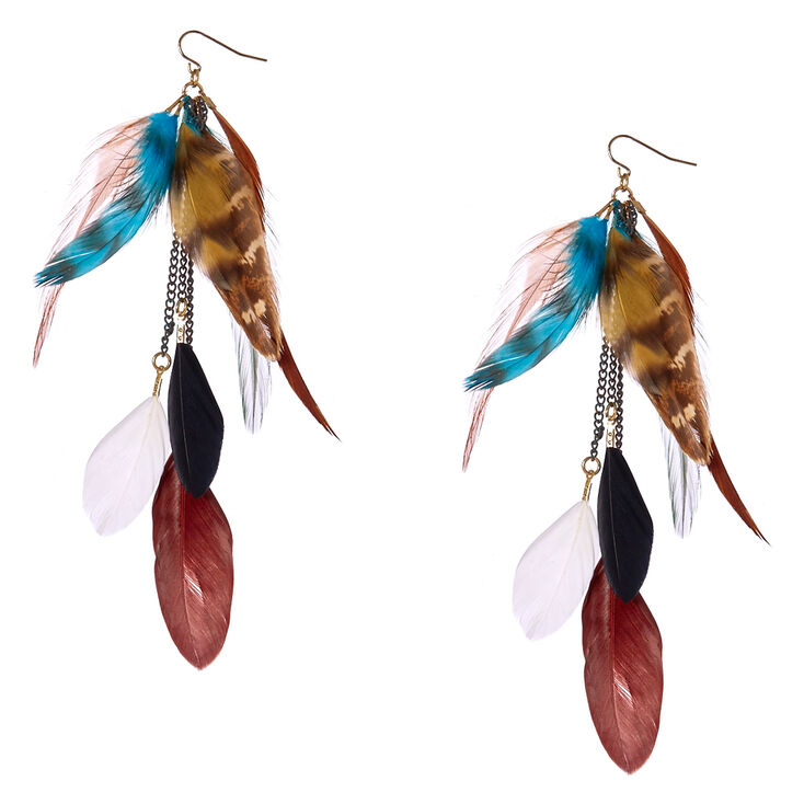 Brown & Blue Wild Feather Drop Earrings,