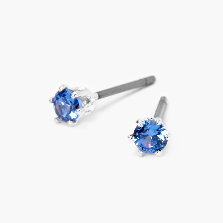 Silver Cubic Zirconia Round Stud Earrings - Blue, 3MM,