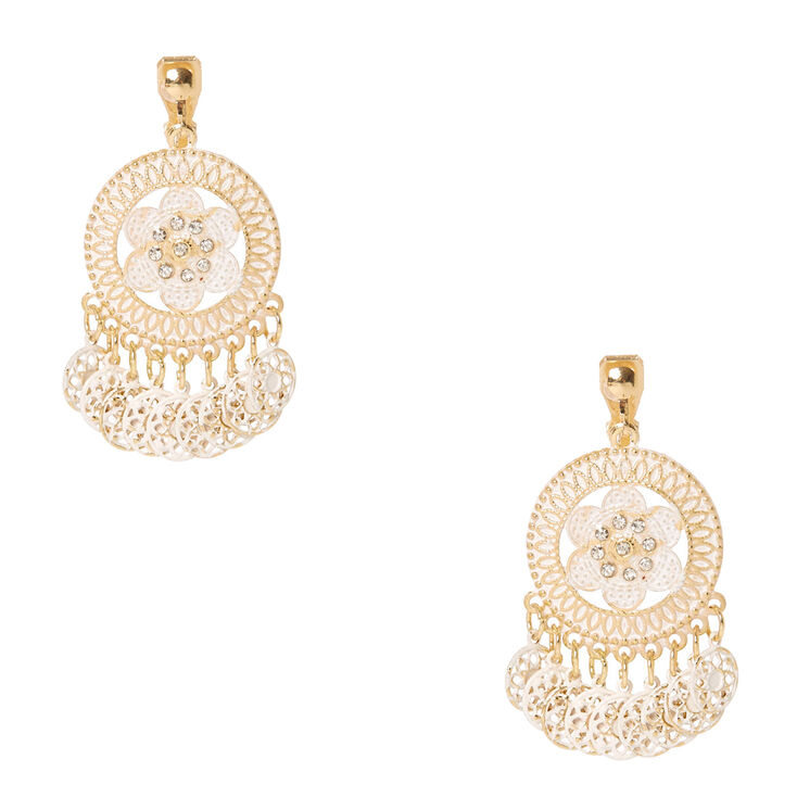 Gold Tone & Ivory Medallion Clip-on Drop Earrings,