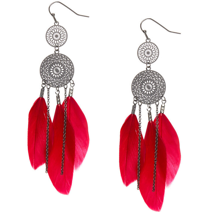 Hematite 3.5" Filigree Feather Drop Earrings,
