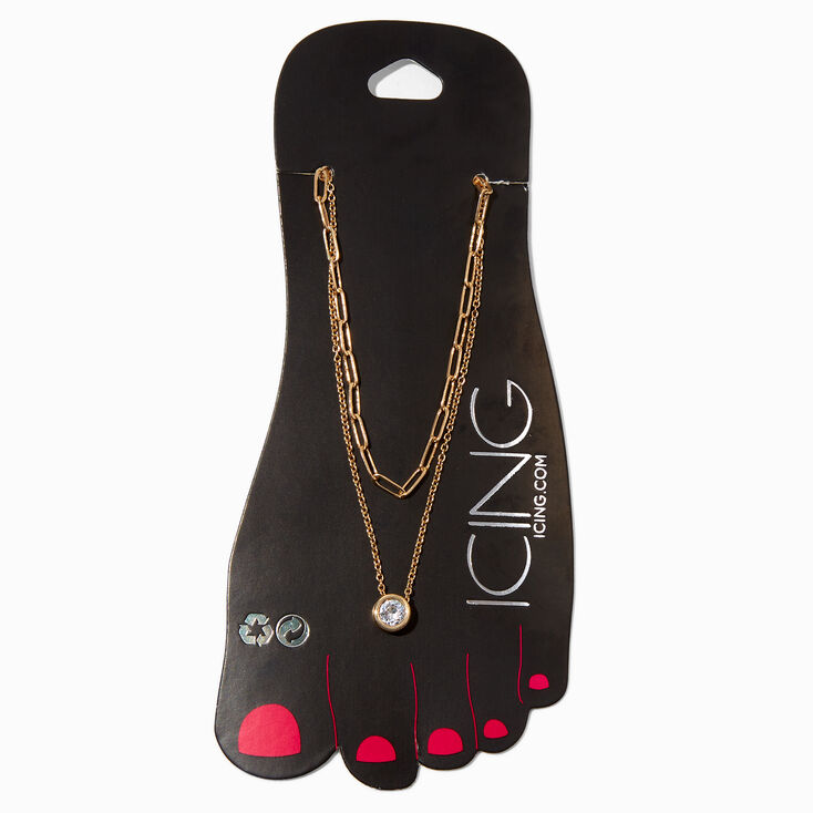 Gold Cubic Zirconia Bezel Pendant &amp; Paperclip Chain Anklets - 2 Pack,