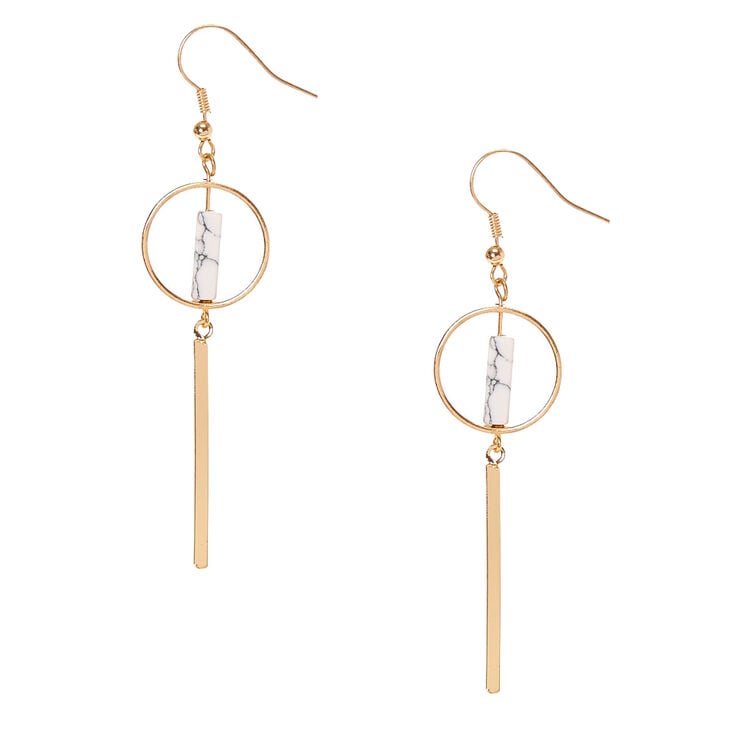 Gold Tone & White Marbled Stone Geometric Bar Drop Earrings,