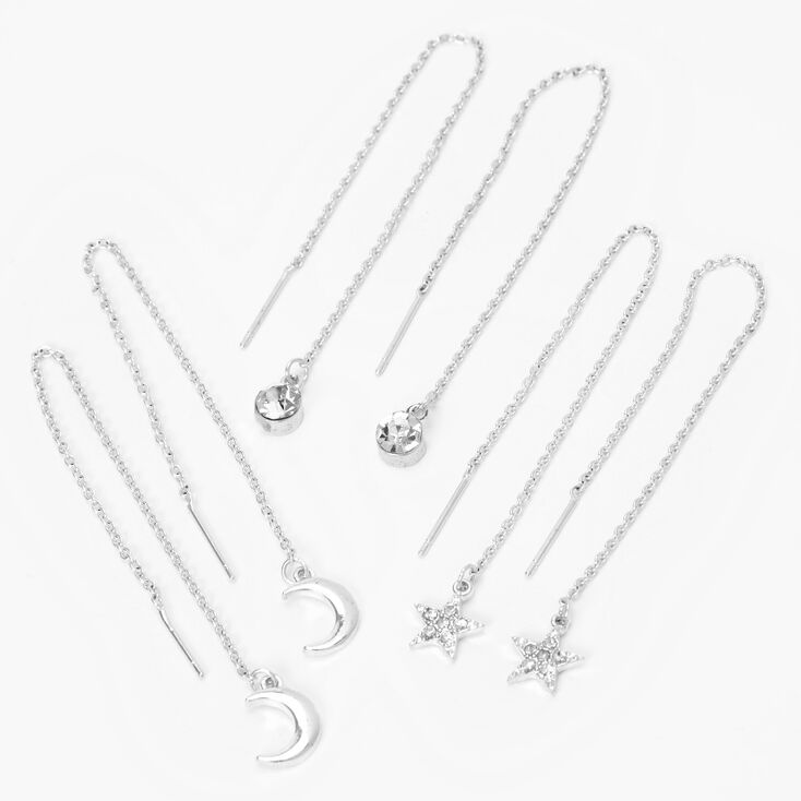 Silver Celestial 2&quot; Threader Drop Earrings - 3 Pack,