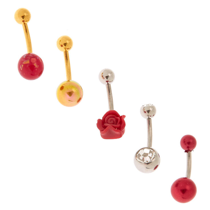 Mixed Metal 14G Rose Romance Belly Rings - Red, 5 Pack,