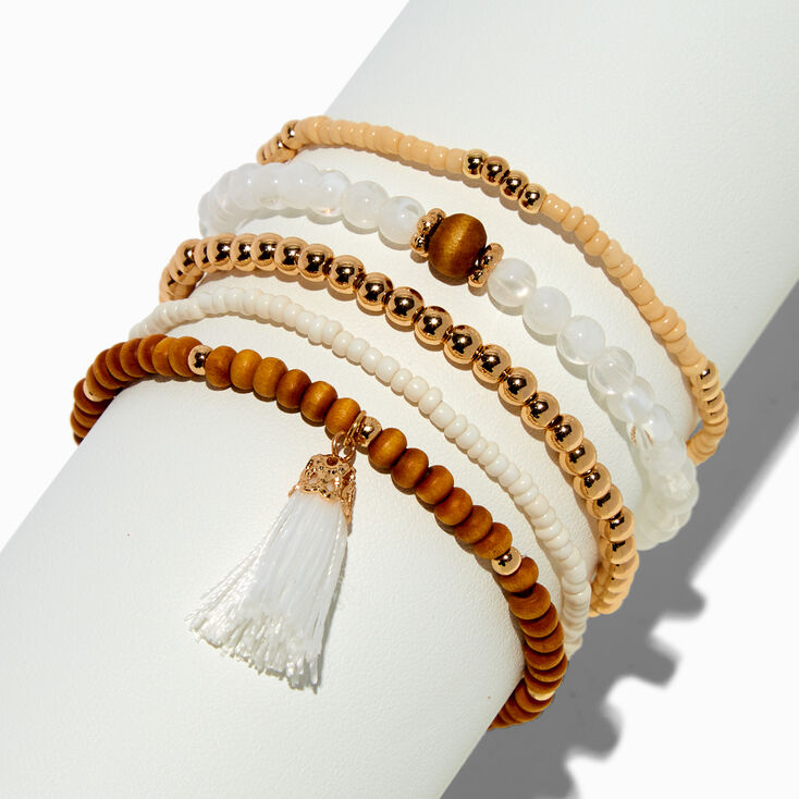 White Tassel Wooden Beaded Stretch Bracelet Set - 5 Pack,