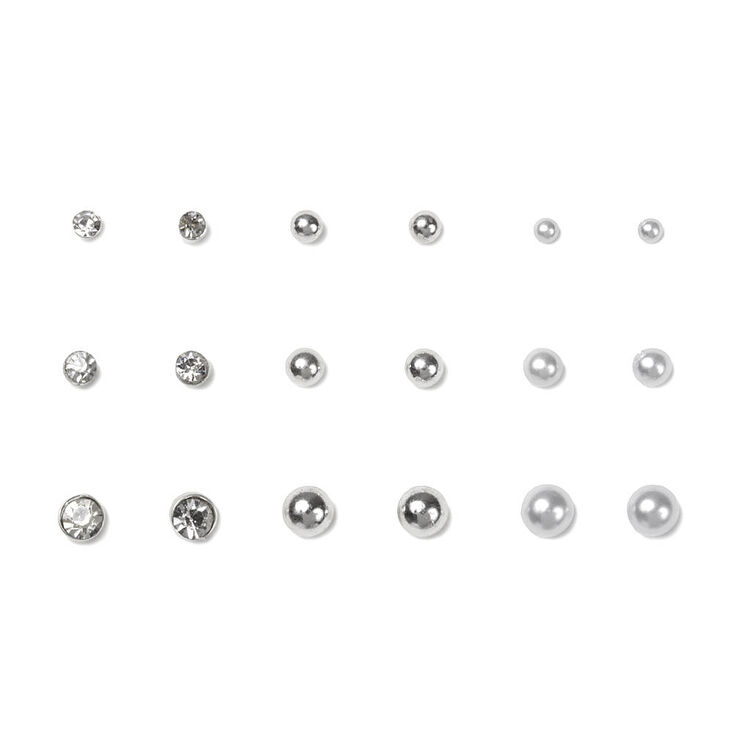 Silver Graduated Crystal Pearl Stud Earrings - 9 Pack,