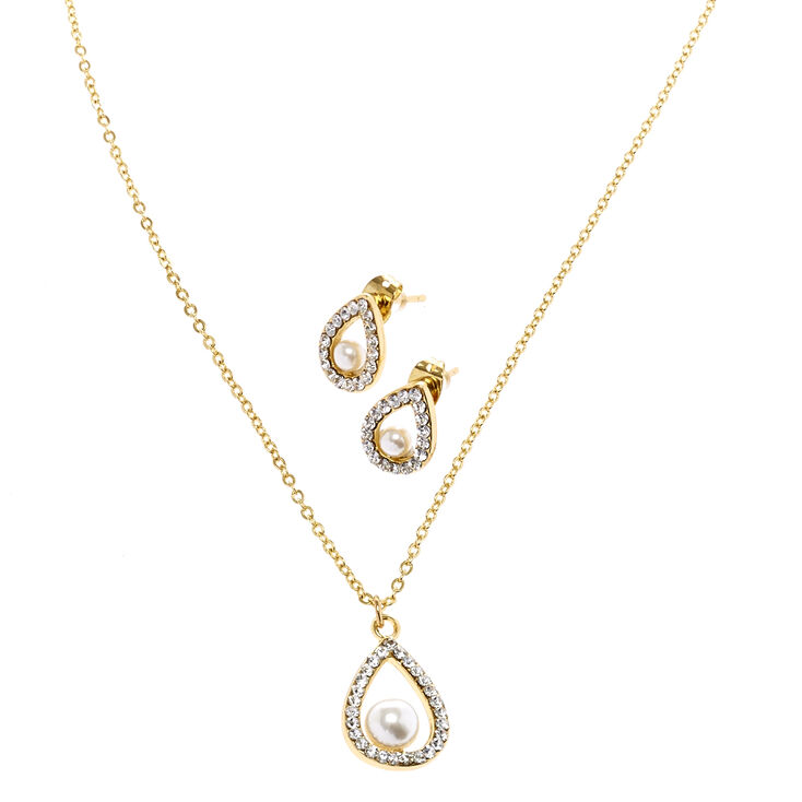Gold Tone Teardrop Framed White Faux Pearl Jewelry Set,