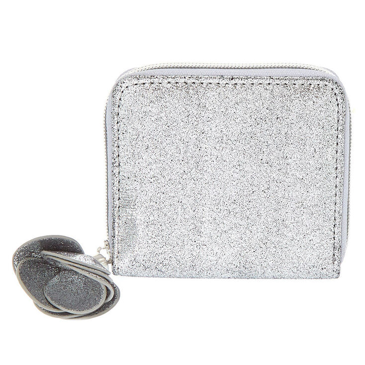 Small Metallic Flower Zip Wallet - Gunmetal,