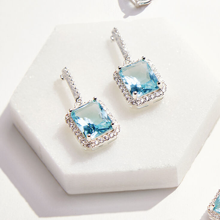 Silver 2&quot; Cubic Zirconia Square Halo Drop Earrings - Blue,