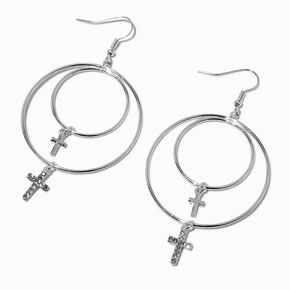 Silver-tone Crystal Cross Double Ring Hoop 3&quot; Drop Earrings,