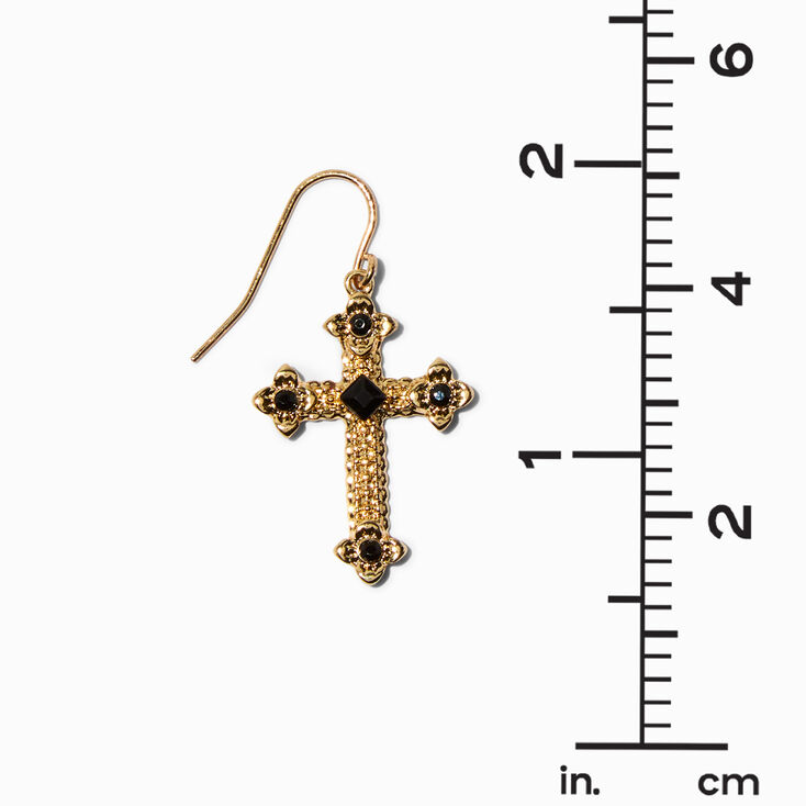 Black Stone Gold-tone Cross 1.5&quot; Drop Earrings,