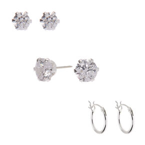 Sterling Silver Cubic Zirconia Stud &amp; Hoop Earrings - 3 Pack,