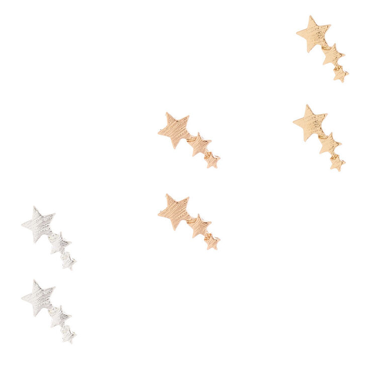 Mixed Metal Shooting Star Stud Earrings - 3 Pack,