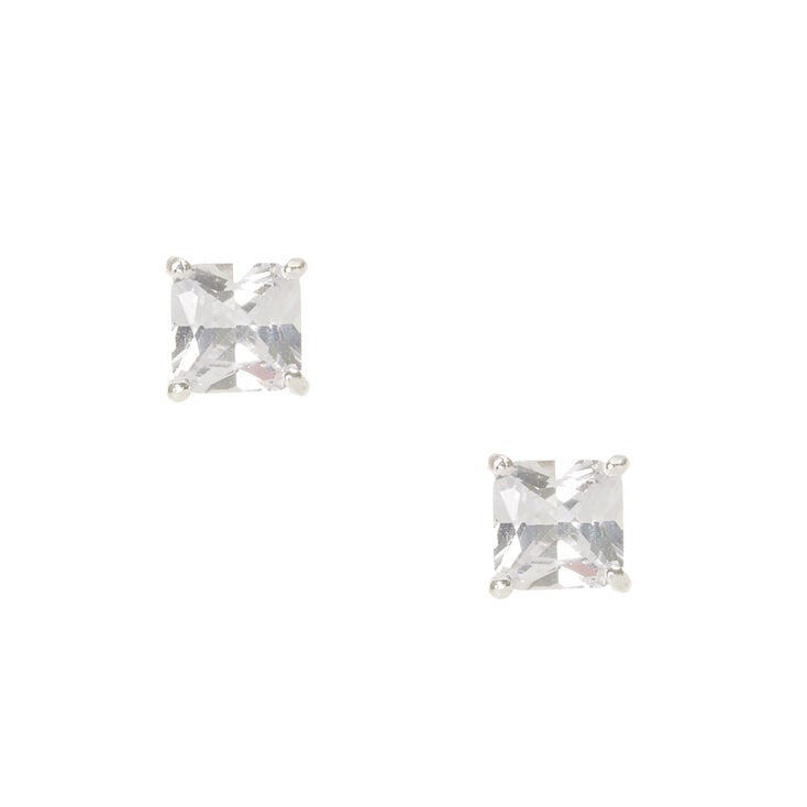 7MM Cubic Zirconia Square Cut Four Prong Set Stud Earrings,