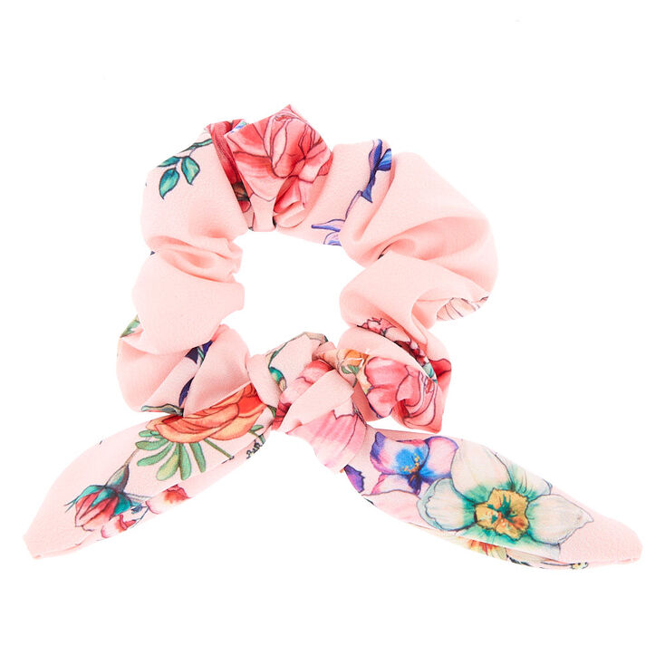 Rose Print Bow Hair Scrunchie - Pink,