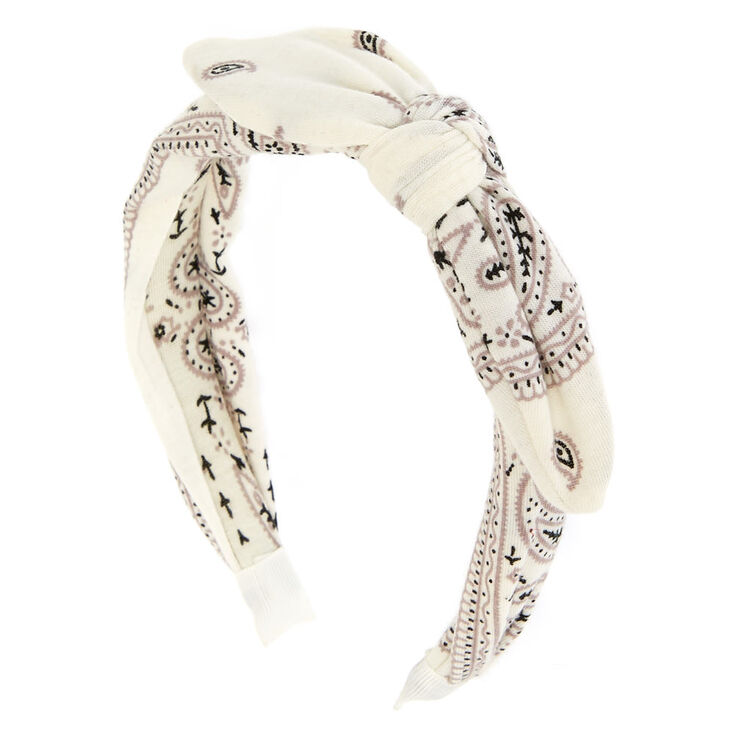 White Bandana Print Bow Headband,